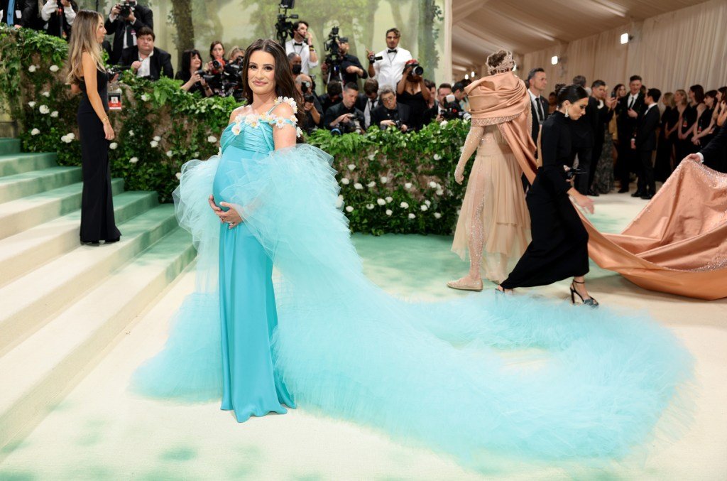 Lea Michele Cradles Baby Bump in Turquoise Gown at 2024 Met Gala