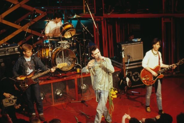 The Smiths L R Andy Rourke Mike Joyce Morrissey and Johnny Marr perform live on stage 1984. CREDIT